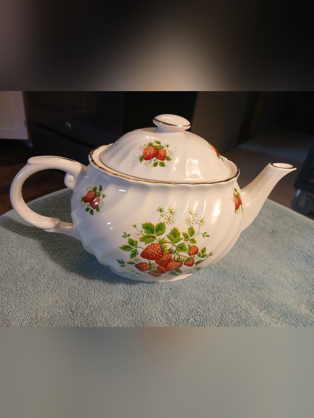 Vintage Rare Old Foley "Strawberry" Ceramic Teapot with Gold Trim. FF#495